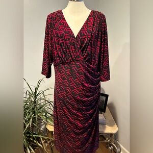 Lauren Ralph Lauren 3/4 Sleeve Matte Jersey Ruched Sheath Dress Black/Berry Sz18